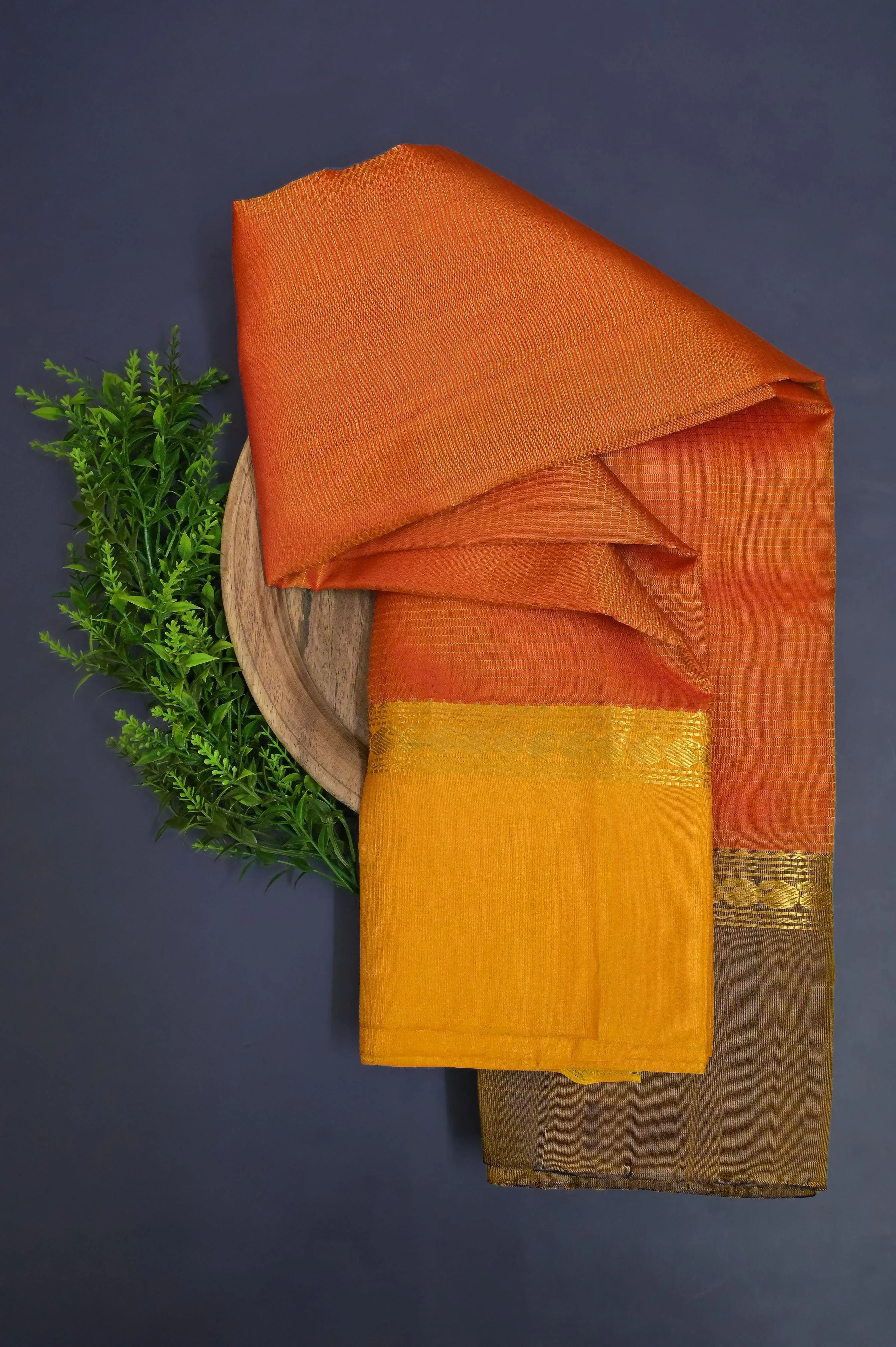 Light Orange and Yellow Dual Tone Kanjeevaram Silk with Stripes