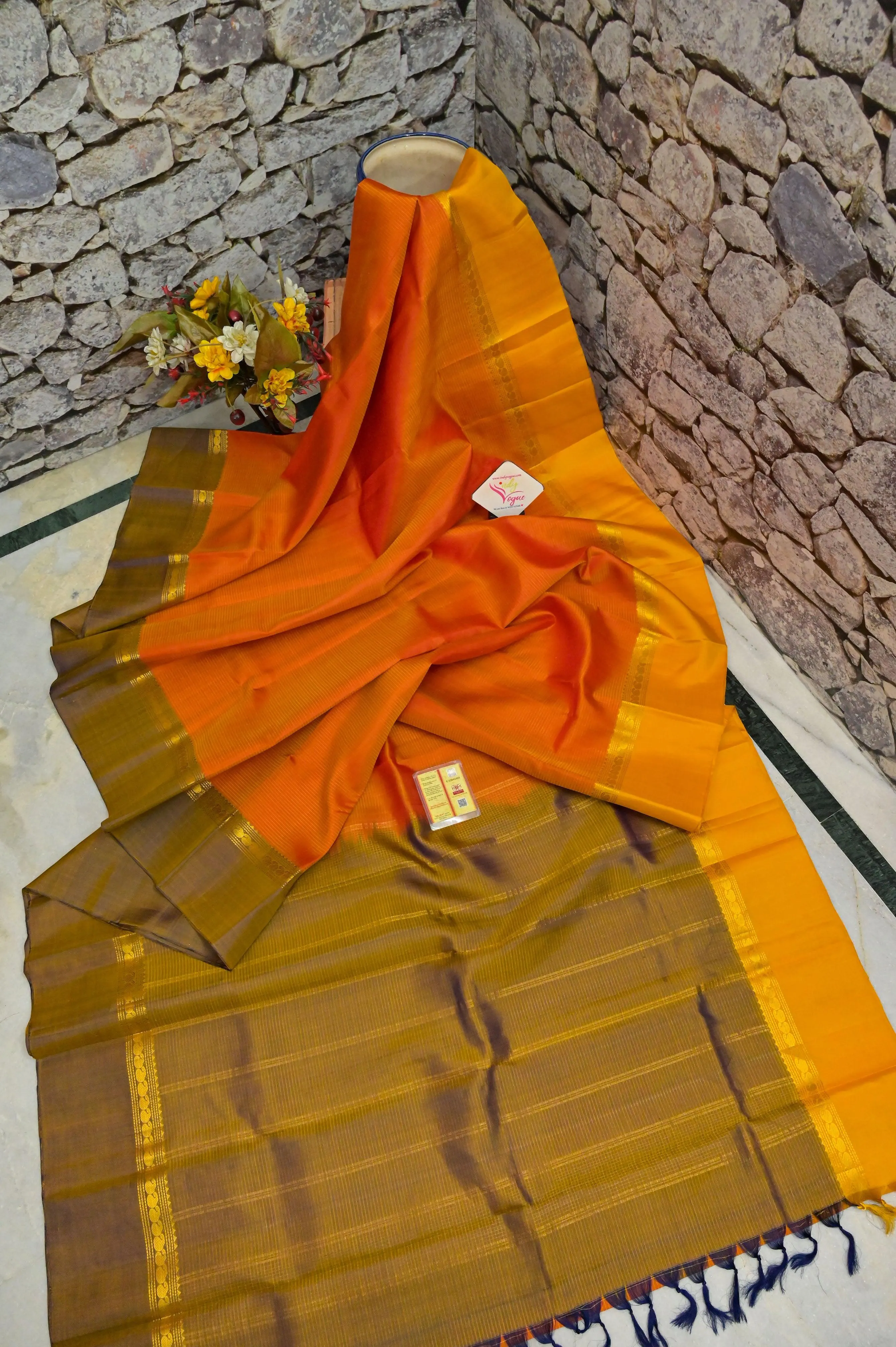 Light Orange and Yellow Dual Tone Kanjeevaram Silk with Stripes