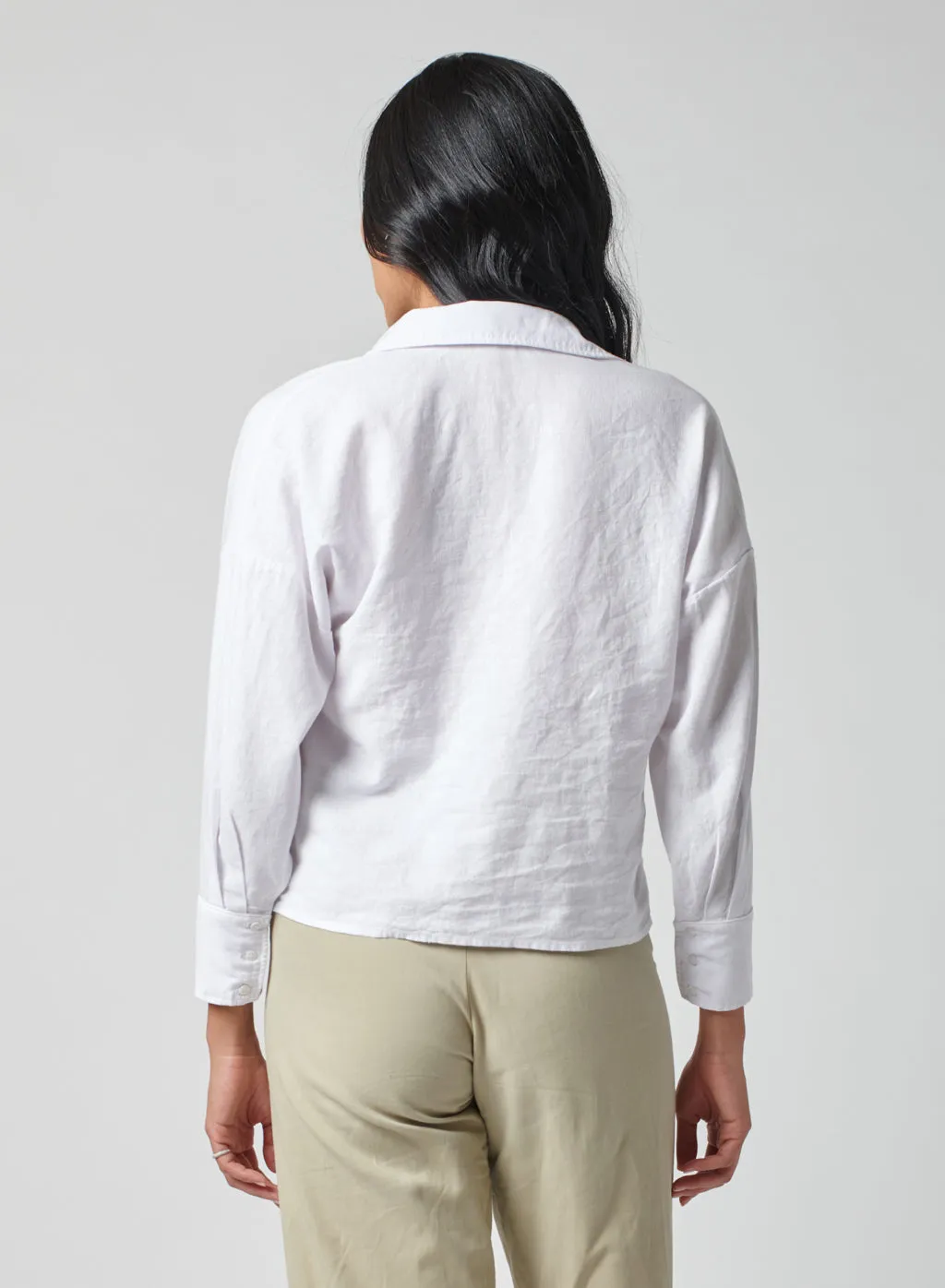 Linen Long Sleeve Front Twist Shirt in White