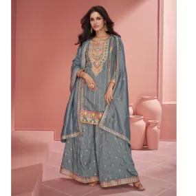 Luxury Grey Party wear Women Top Plazo Dupatta Suit