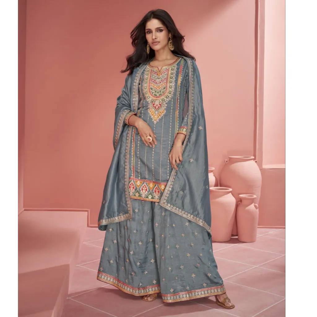 Luxury Grey Party wear Women Top Plazo Dupatta Suit