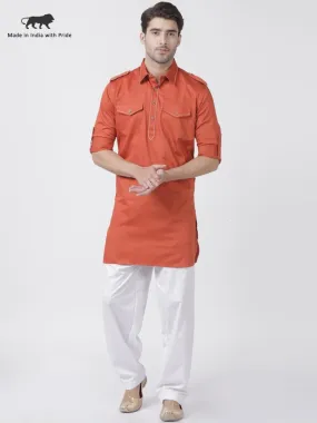 Men's Orange Cotton Blend Pathani Suit Set