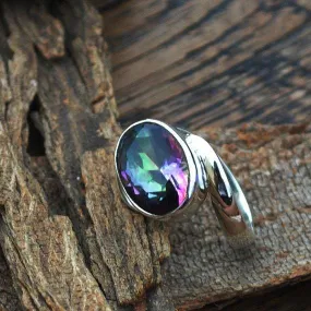 Midnight Rainbow Quartz Ring -Oval Cut Mystic Ring -Solid 925 Sterling Silver Ring, Midnight Rainbow Quartz Jewelry, Nickel Free