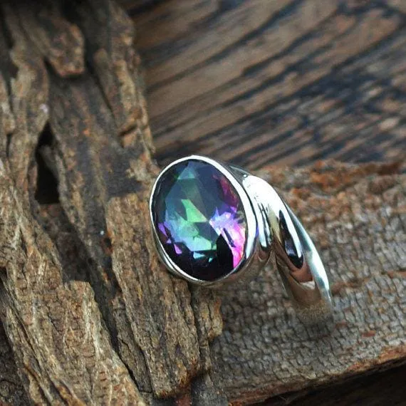 Midnight Rainbow Quartz Ring -Oval Cut Mystic Ring -Solid 925 Sterling Silver Ring, Midnight Rainbow Quartz Jewelry, Nickel Free