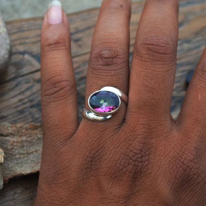 Midnight Rainbow Quartz Ring -Oval Cut Mystic Ring -Solid 925 Sterling Silver Ring, Midnight Rainbow Quartz Jewelry, Nickel Free