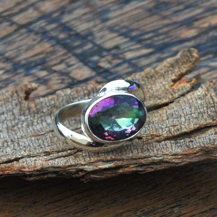 Midnight Rainbow Quartz Ring -Oval Cut Mystic Ring -Solid 925 Sterling Silver Ring, Midnight Rainbow Quartz Jewelry, Nickel Free