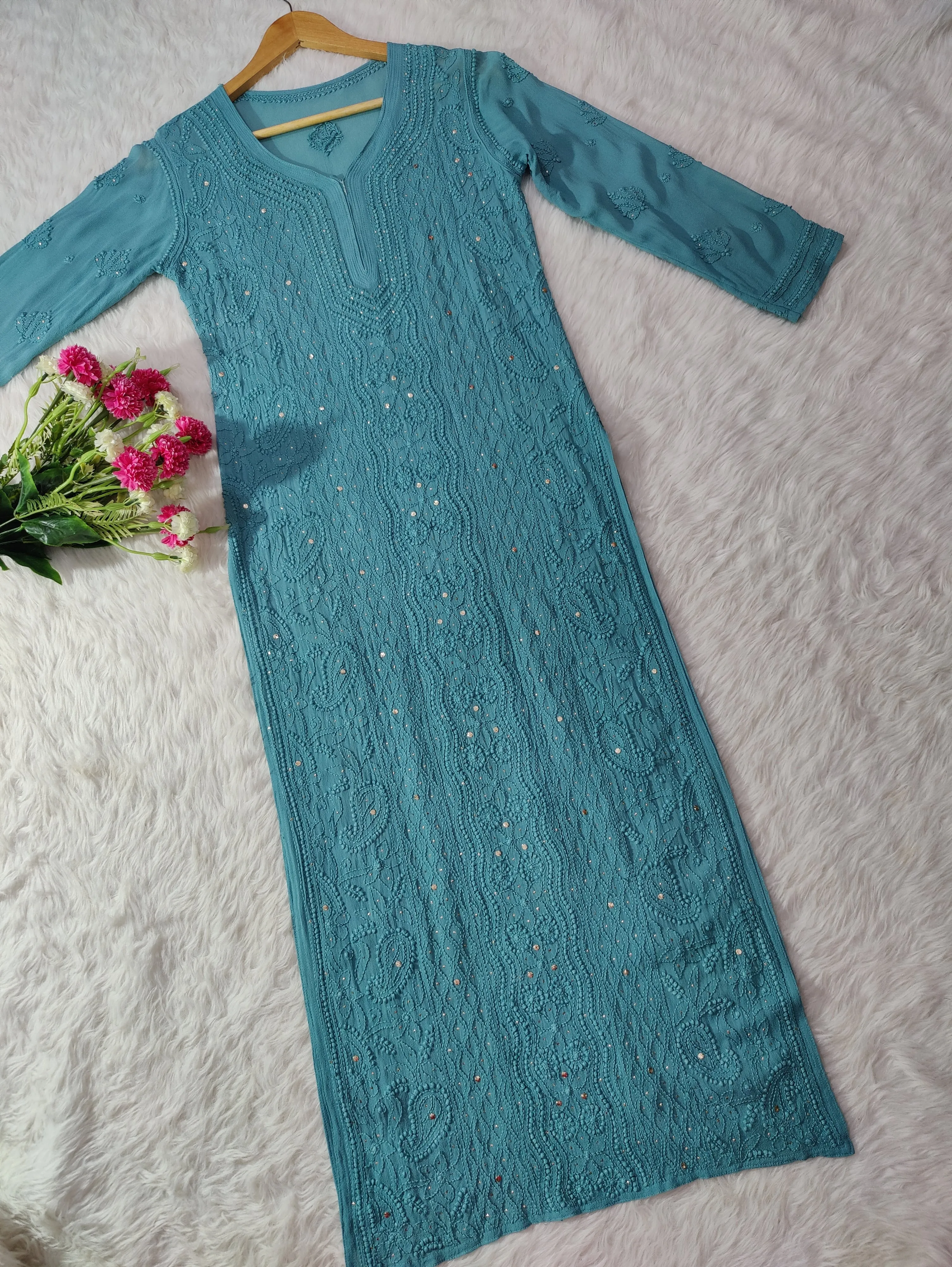 Mira Viscose Mukaish Long Chikankari Kurti