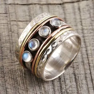 Mountain Moonstone Ring, Fidget Spinner Ring, Sterling Silver Ring for Women, Nature Meditation Spinning Wide Band, Anxiety Ring