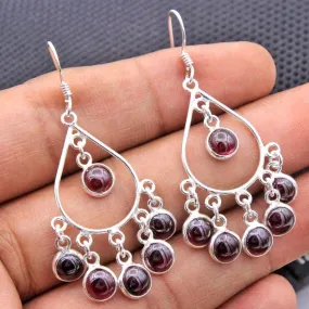 Natural Red Garnet, Rainbow Moonstone, Blue Chalcedony Gemstone Chandelier Earring, 925 Sterling Silver Handmade Dangle, Nickel Free