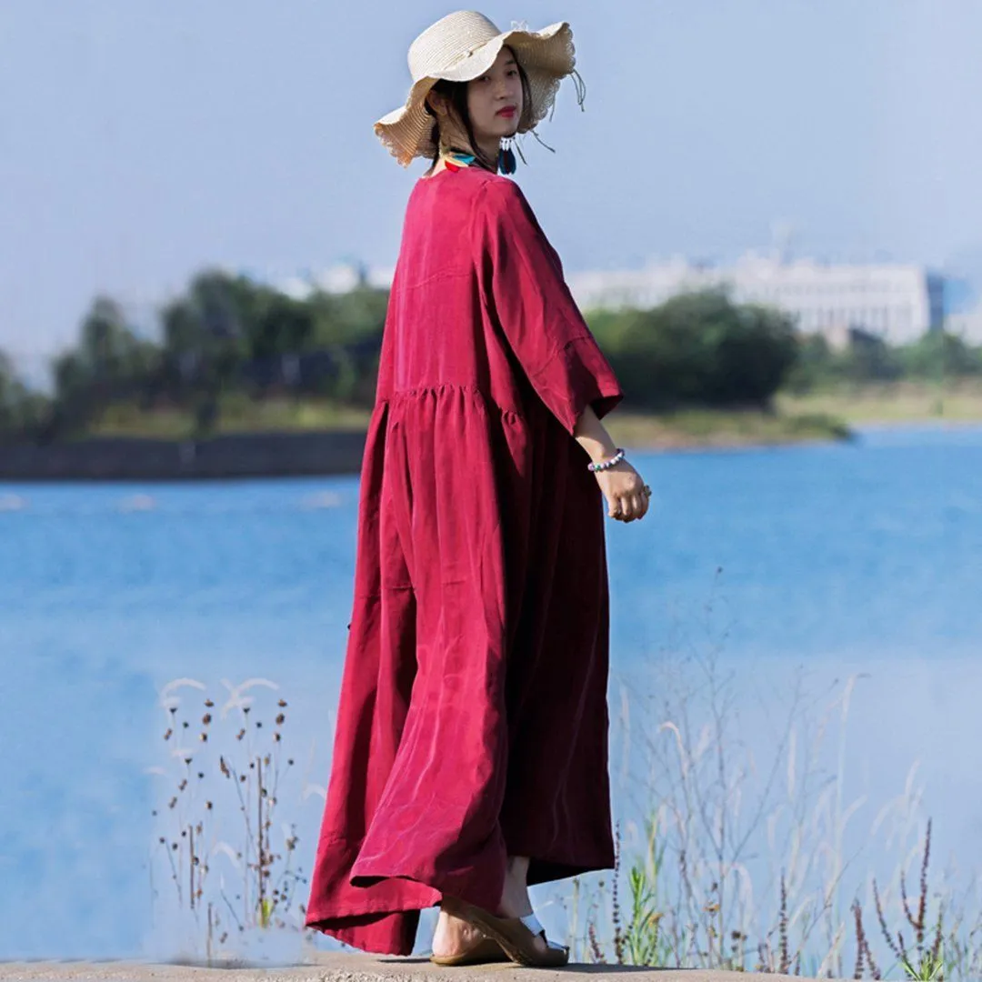 Natural Silk V-Neck Ruched Dress - Wine Red