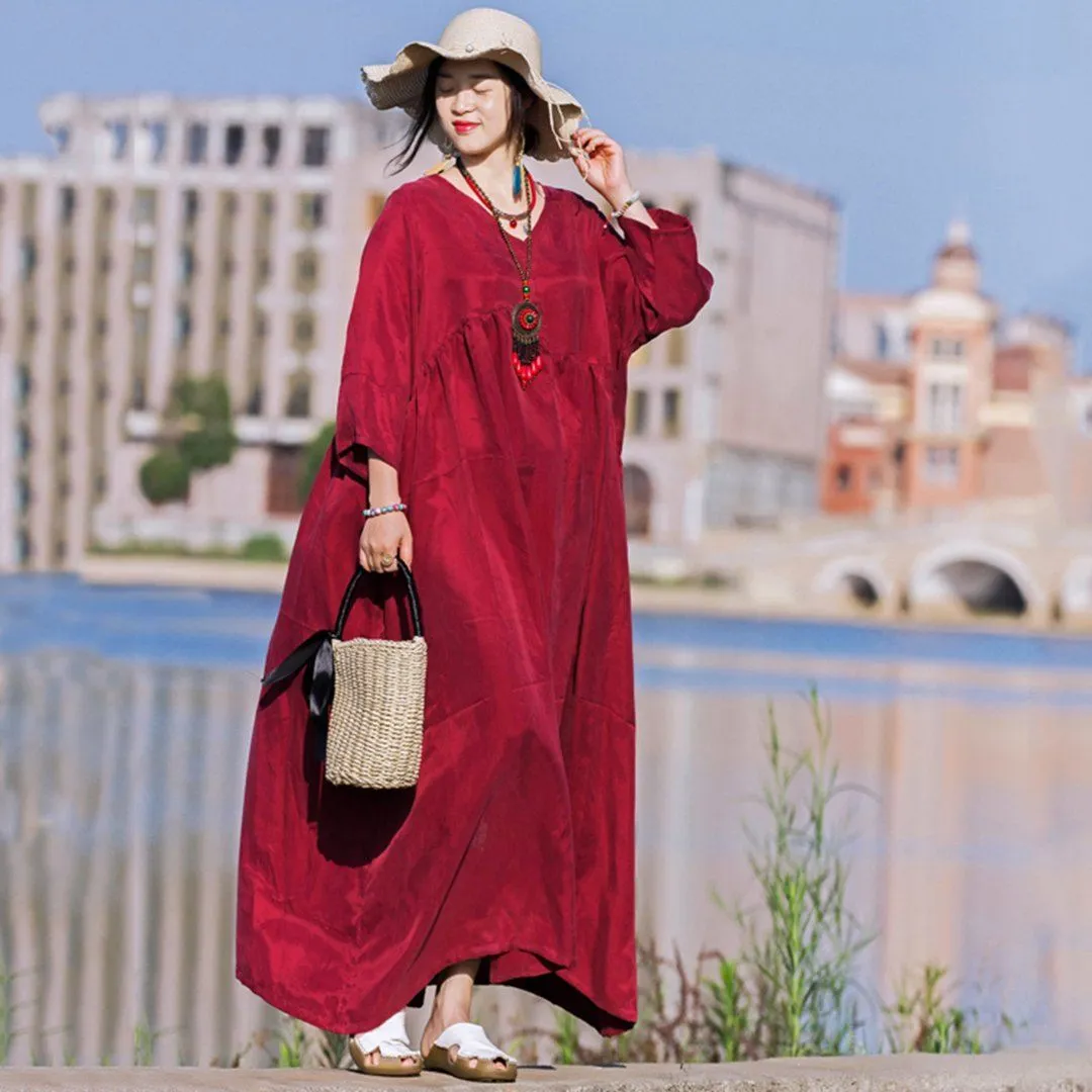 Natural Silk V-Neck Ruched Dress - Wine Red