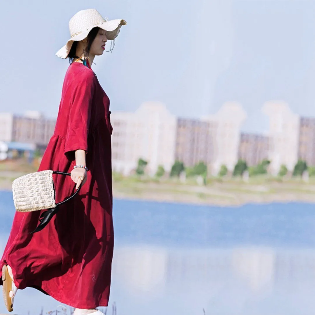 Natural Silk V-Neck Ruched Dress - Wine Red