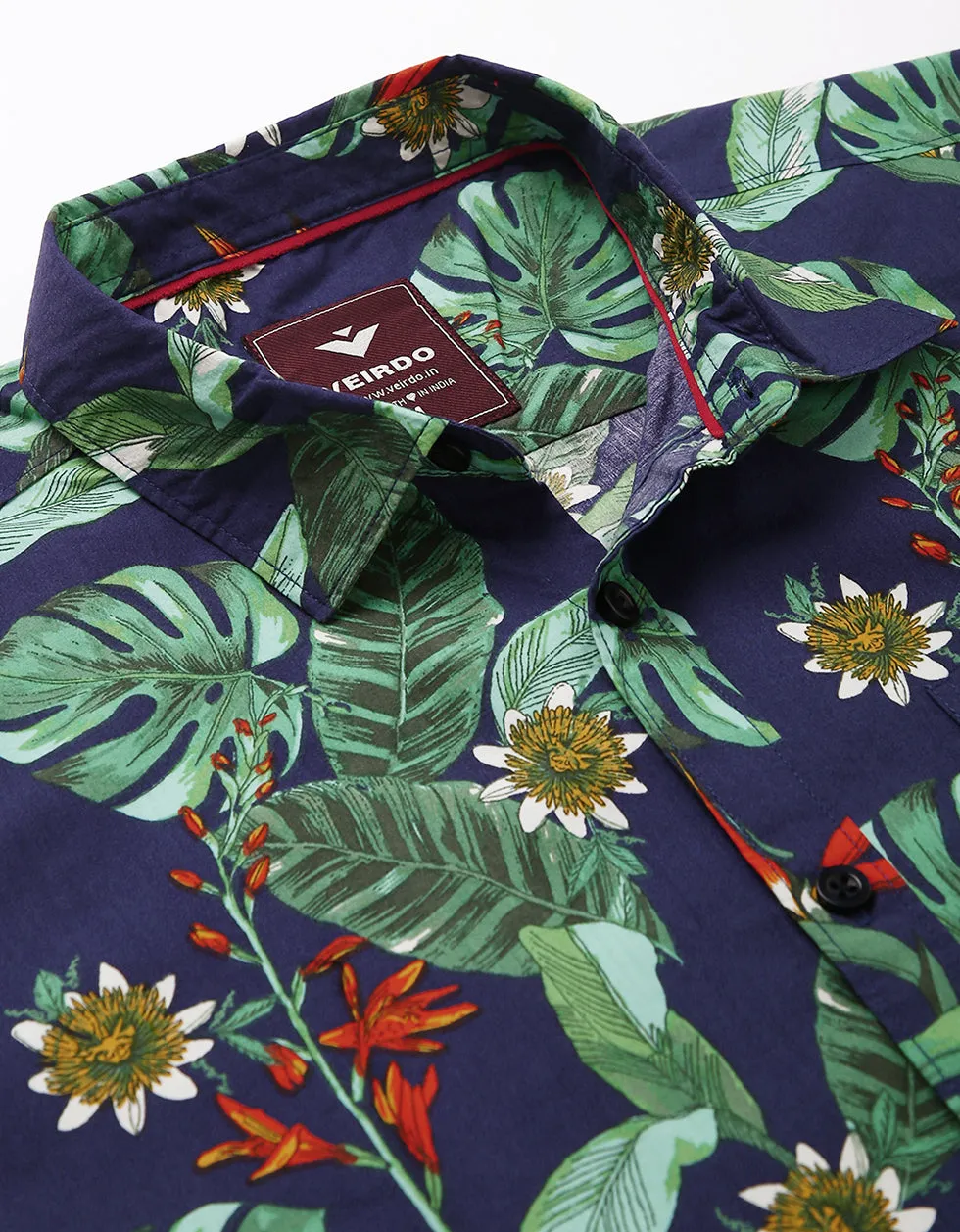 Navy Floral Printed Casual Shirt