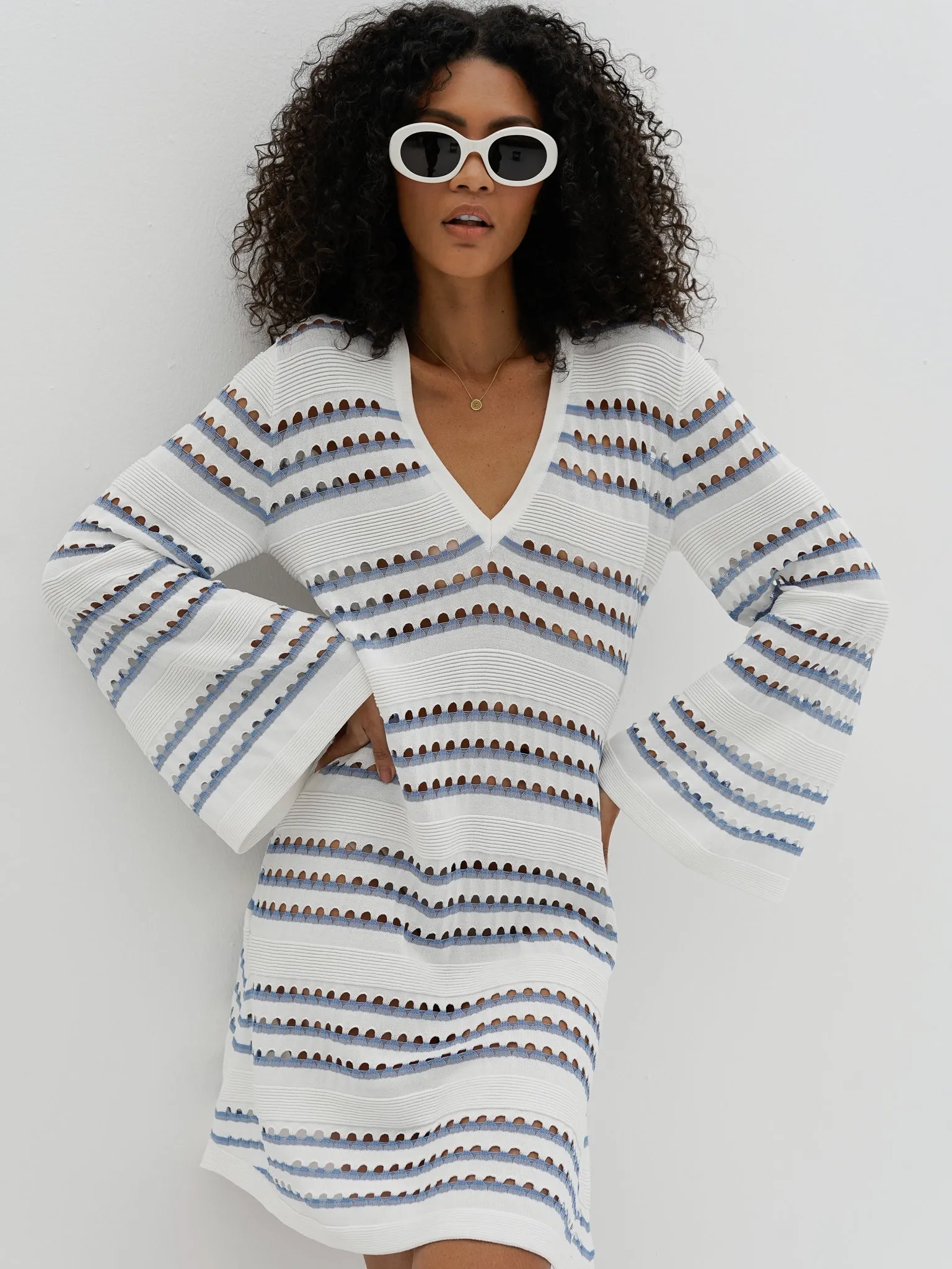 Nina Knitted Stripe Mini Dress | White & Blue