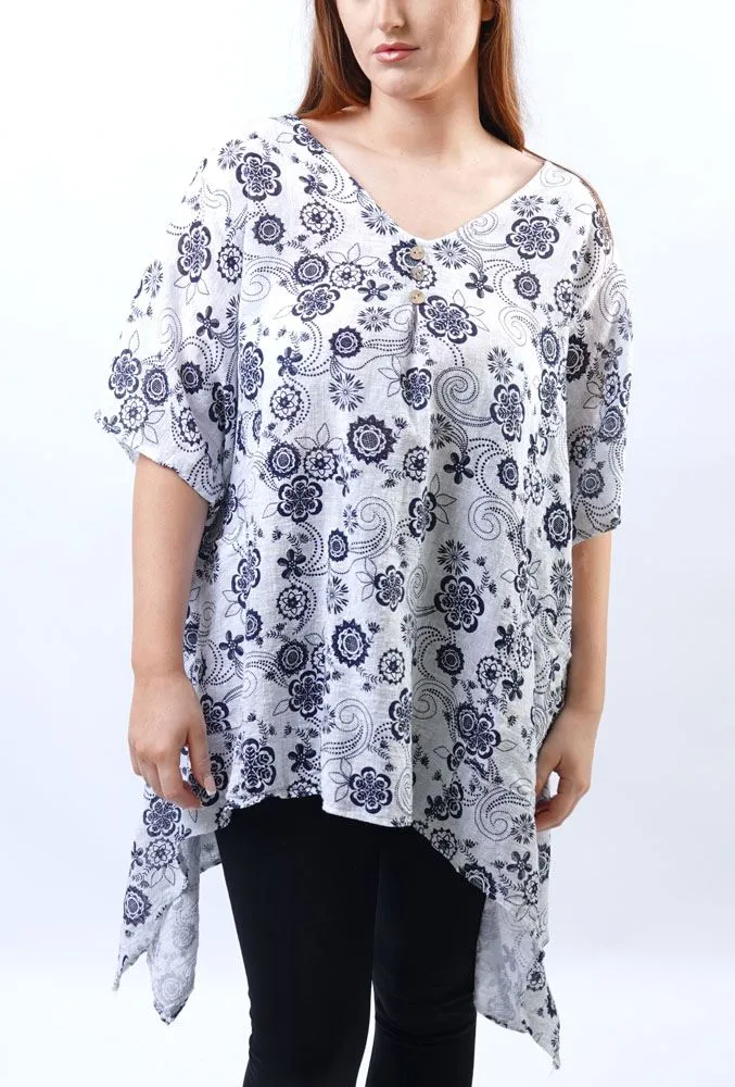 Paisley Flower Print Hanky Hem Cotton Top