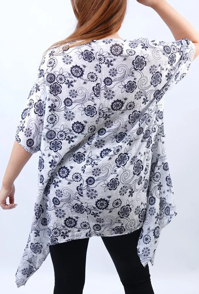 Paisley Flower Print Hanky Hem Cotton Top