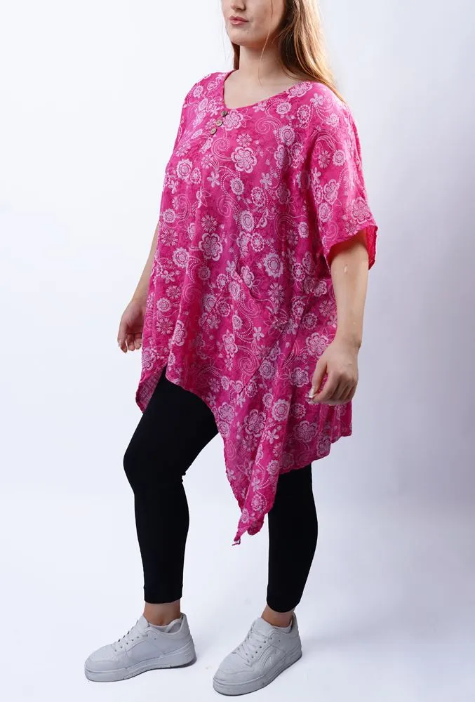 Paisley Flower Print Hanky Hem Cotton Top