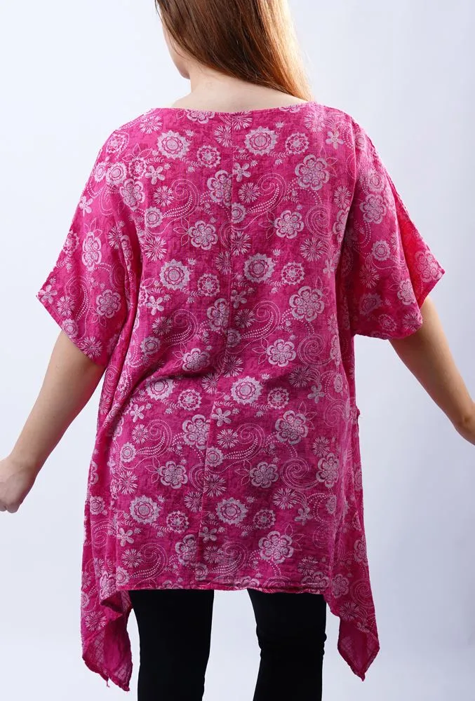 Paisley Flower Print Hanky Hem Cotton Top