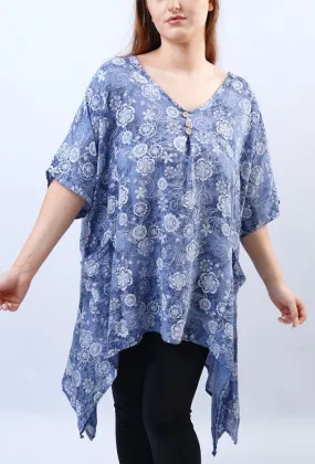 Paisley Flower Print Hanky Hem Cotton Top