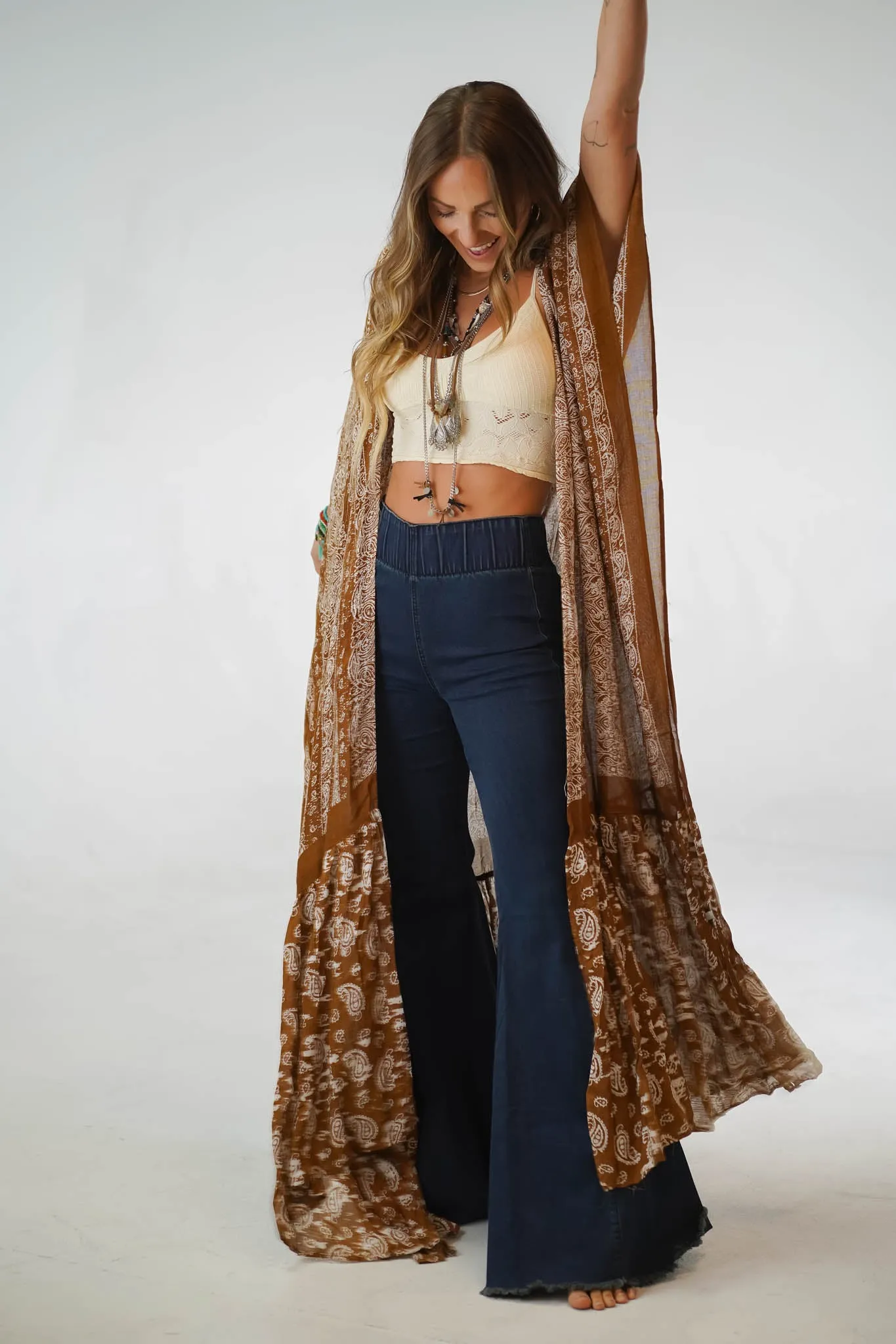 Paisley Tapestry Free Flow Duster Kimono - Brown