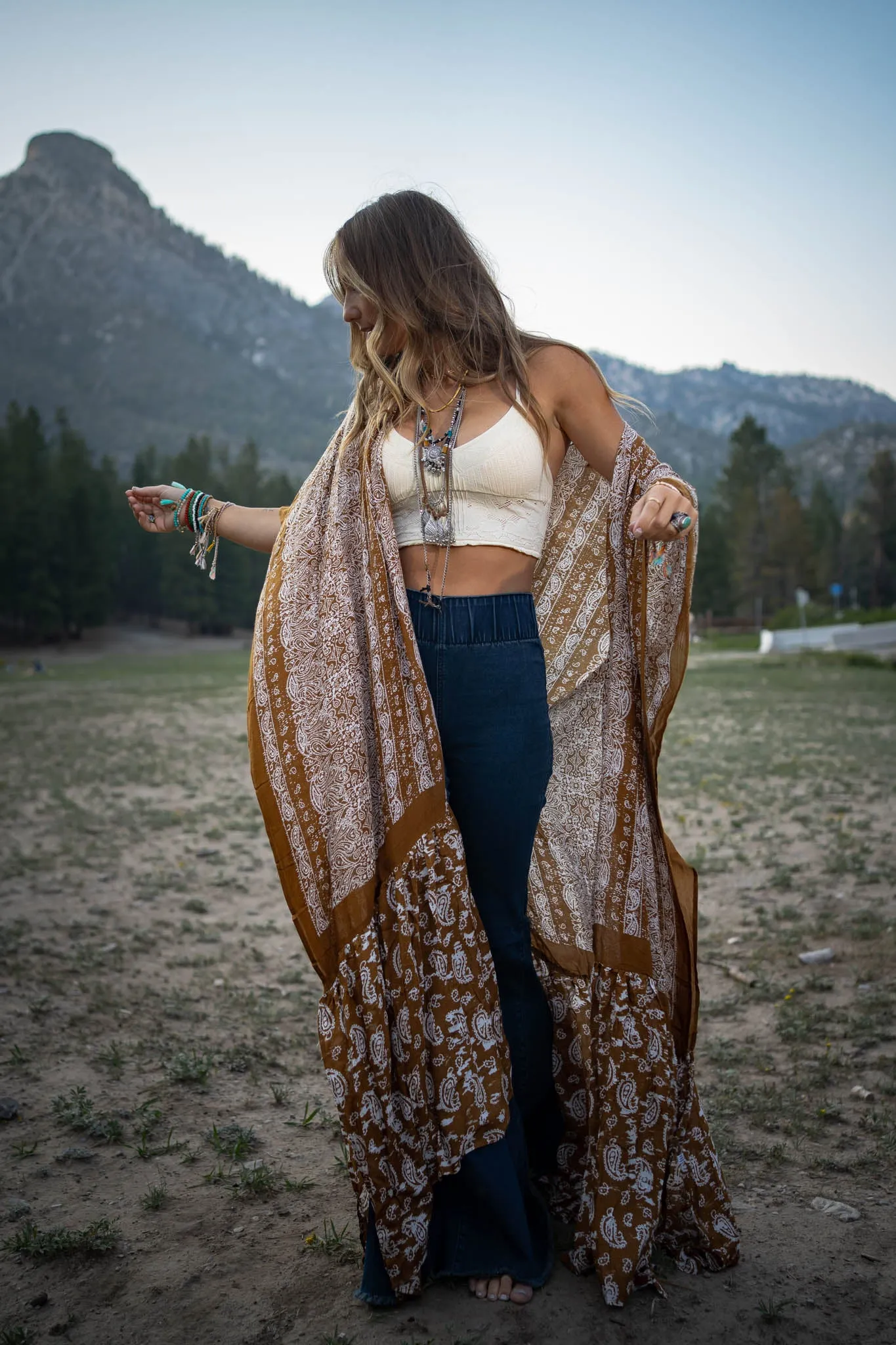 Paisley Tapestry Free Flow Duster Kimono - Brown