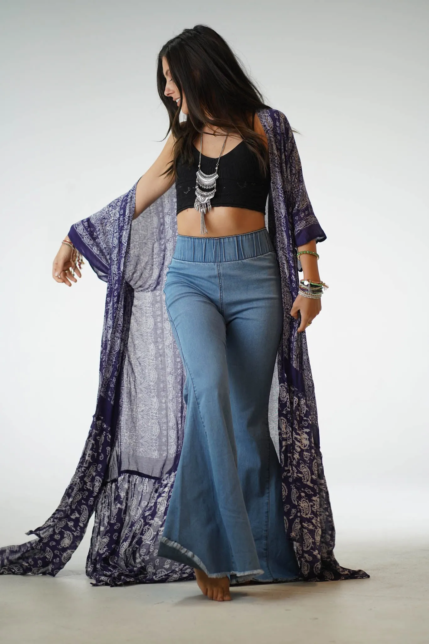 Paisley Tapestry Free Flow Duster Kimono - Purple