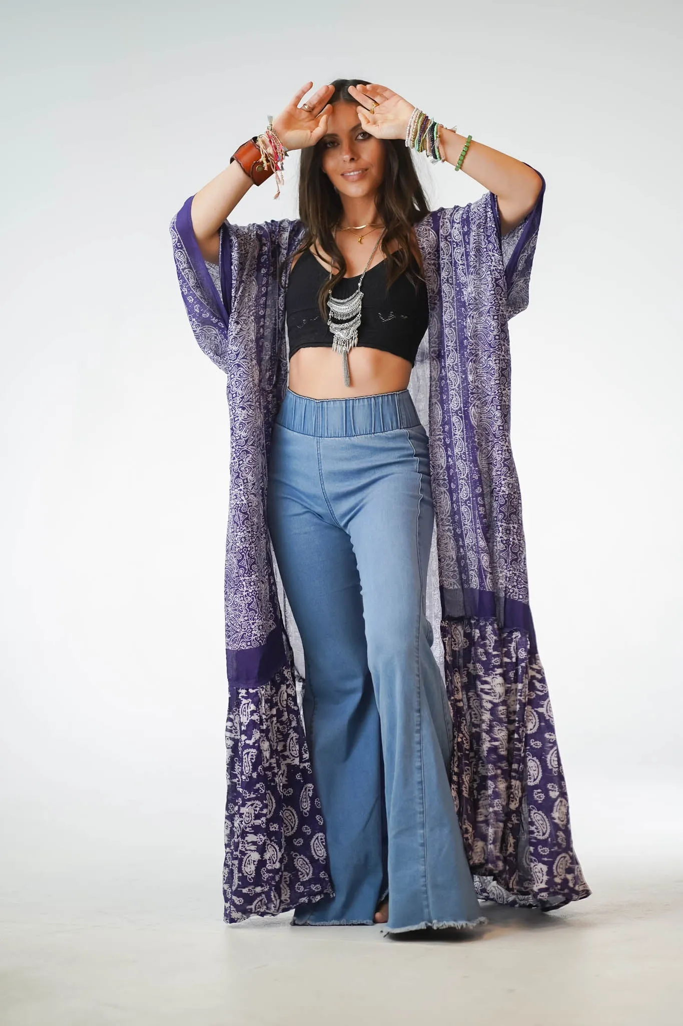 Paisley Tapestry Free Flow Duster Kimono - Purple