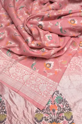 Powder Pink Color Tussar Georgette Banarasi Saree with Allover Jaal Meenakari Work