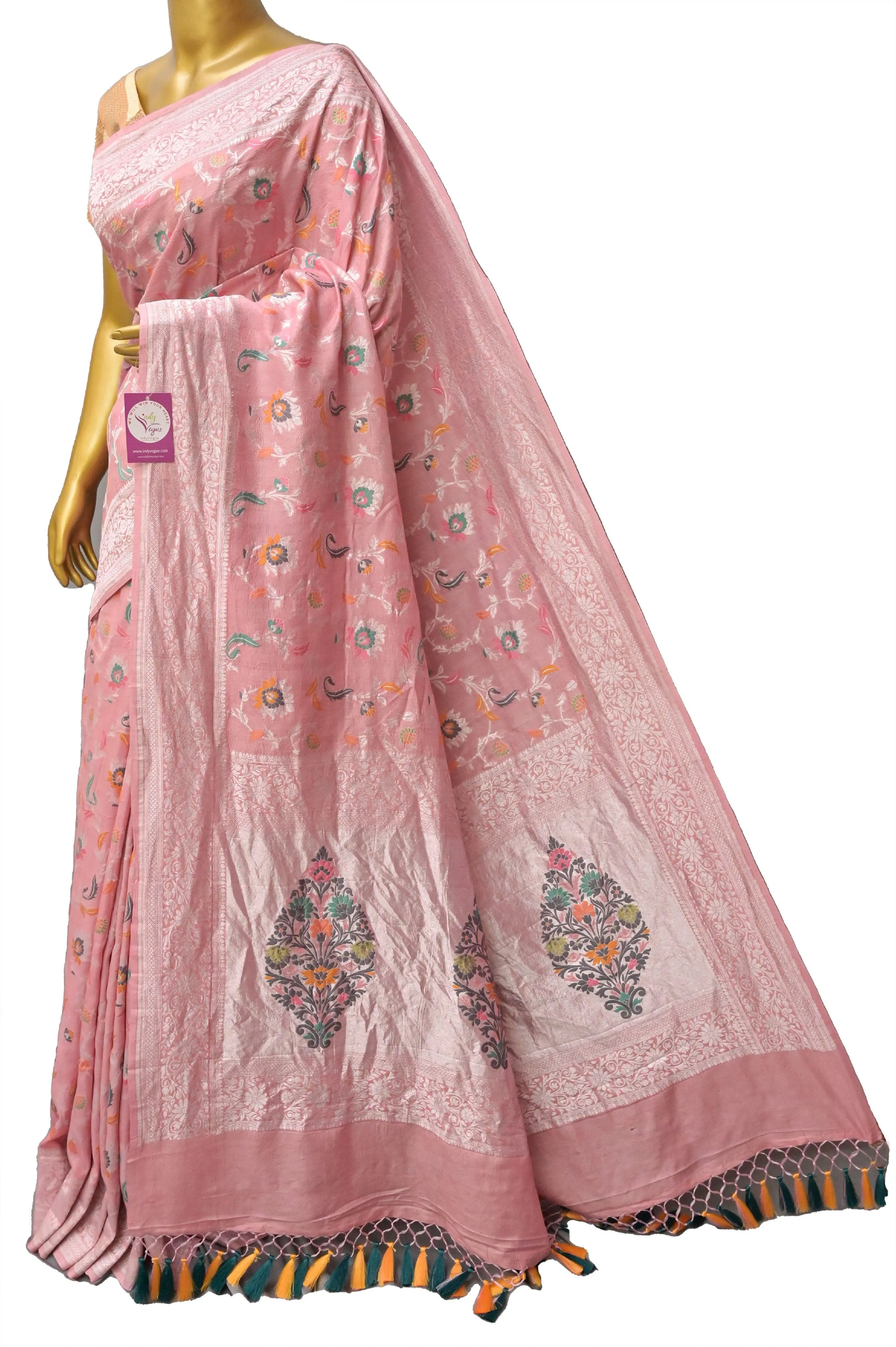 Powder Pink Color Tussar Georgette Banarasi Saree with Allover Jaal Meenakari Work