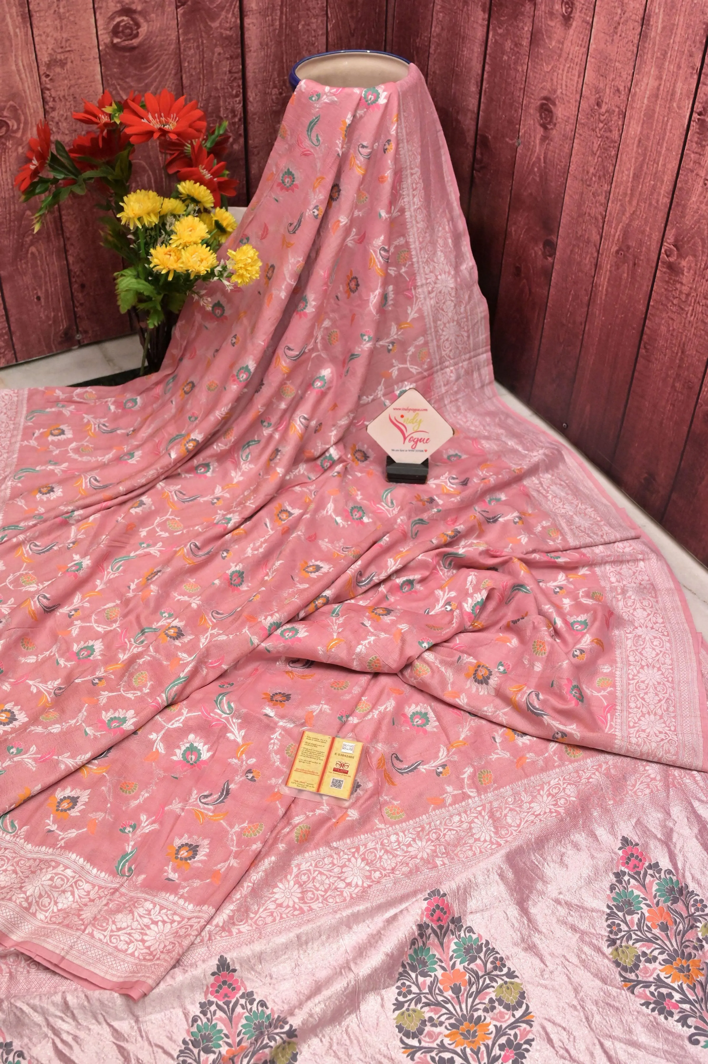 Powder Pink Color Tussar Georgette Banarasi Saree with Allover Jaal Meenakari Work