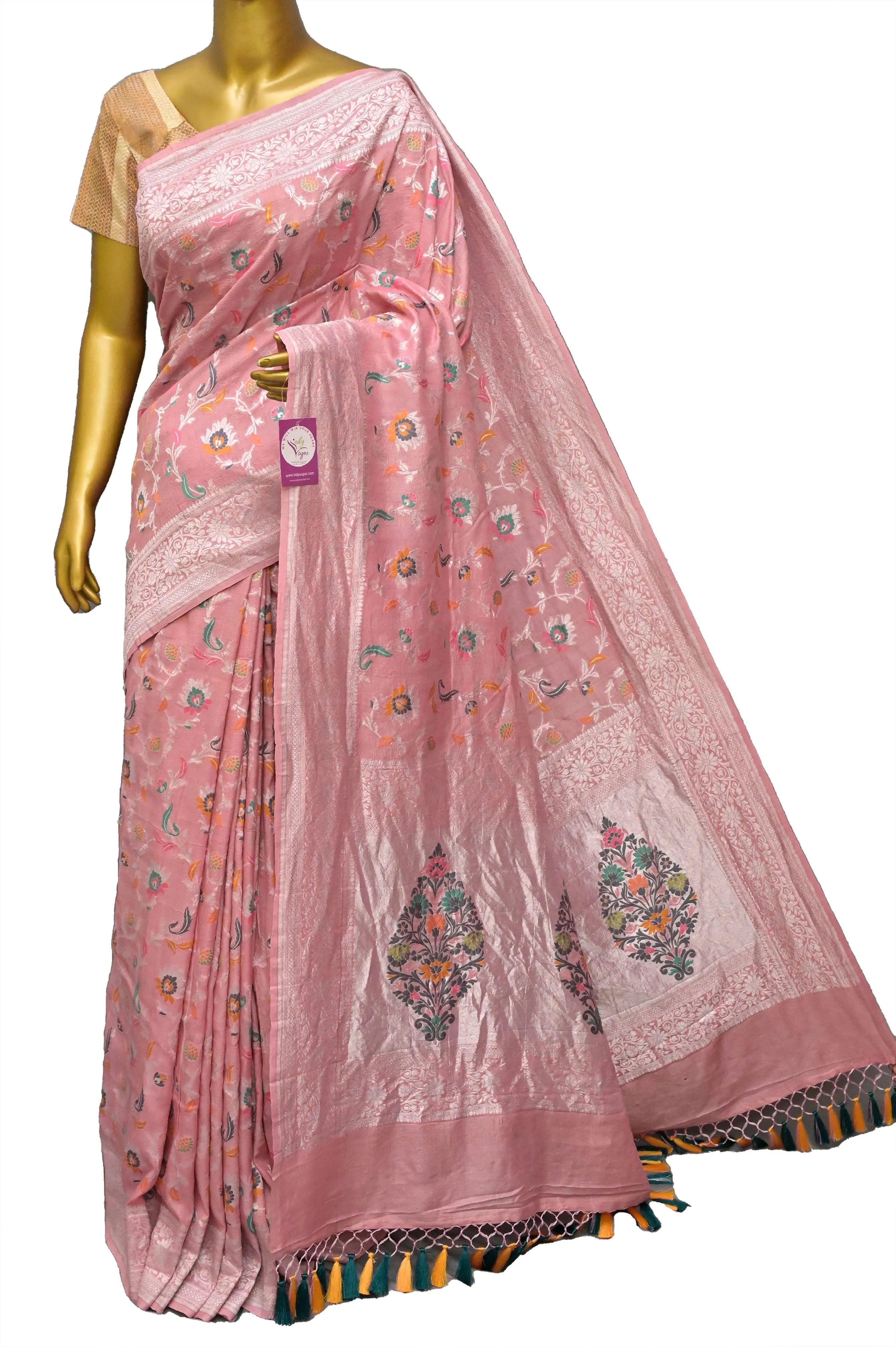 Powder Pink Color Tussar Georgette Banarasi Saree with Allover Jaal Meenakari Work