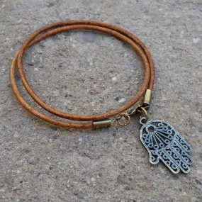 Protection - Greek Leather Wrap Bracelet Hamsa Hand