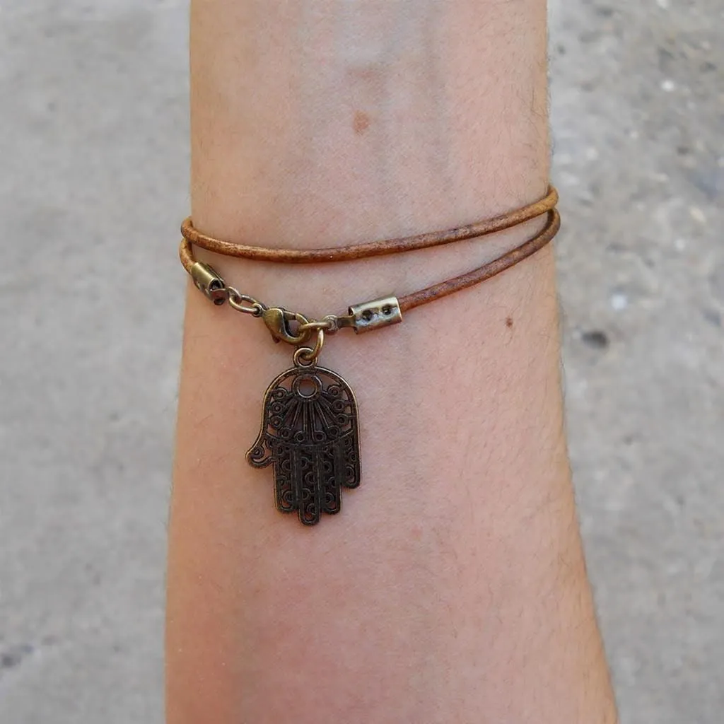 Protection - Greek Leather Wrap Bracelet Hamsa Hand