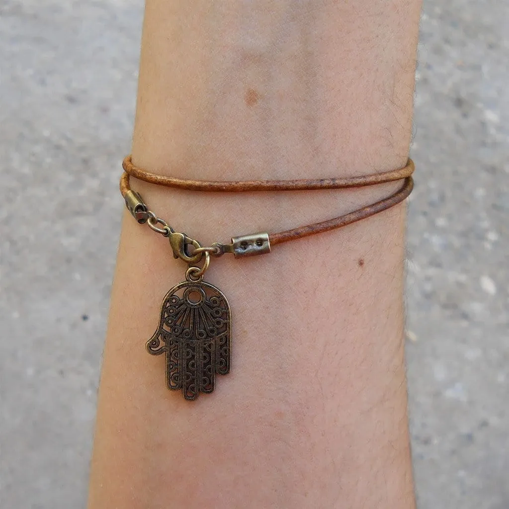 Protection - Greek Leather Wrap Bracelet Hamsa Hand