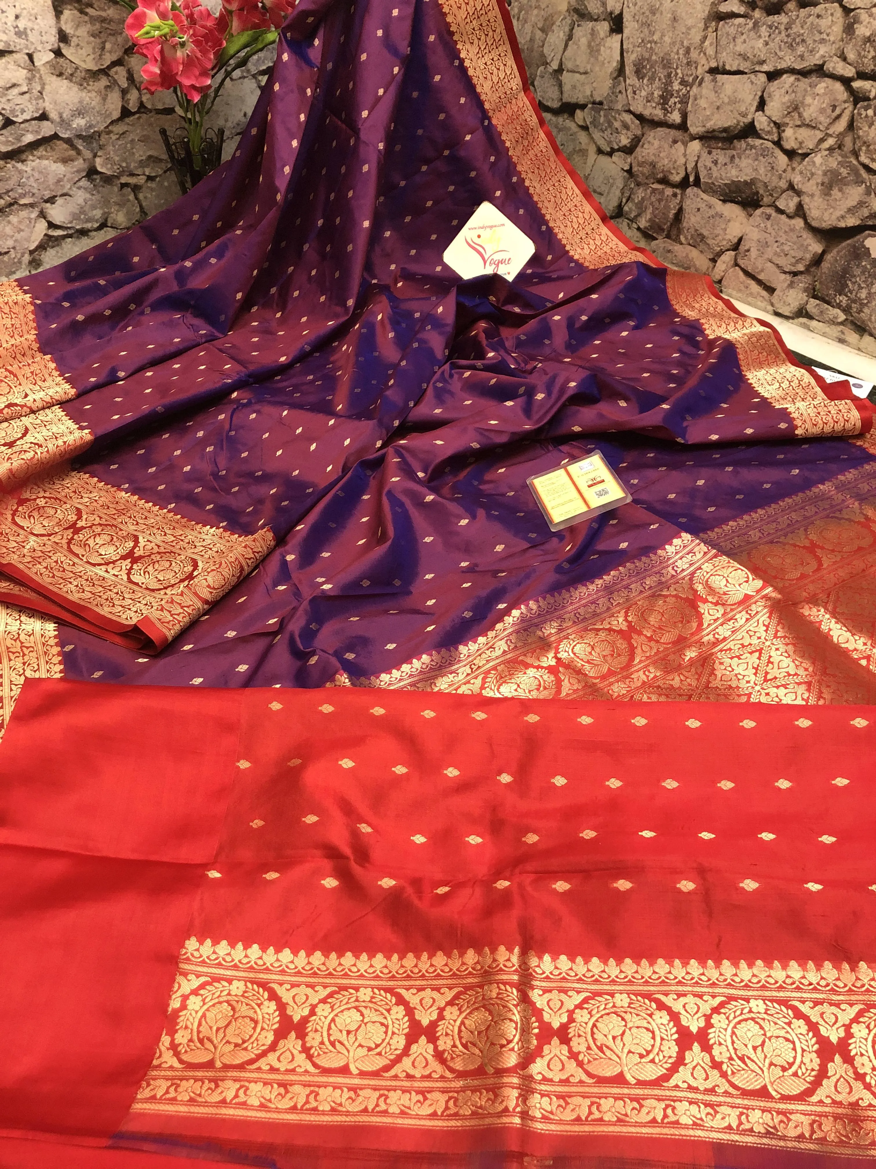 Pure Wine Color Katan Banarasi Silk Saree with Allover Buti Work