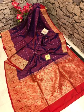 Pure Wine Color Katan Banarasi Silk Saree with Allover Buti Work