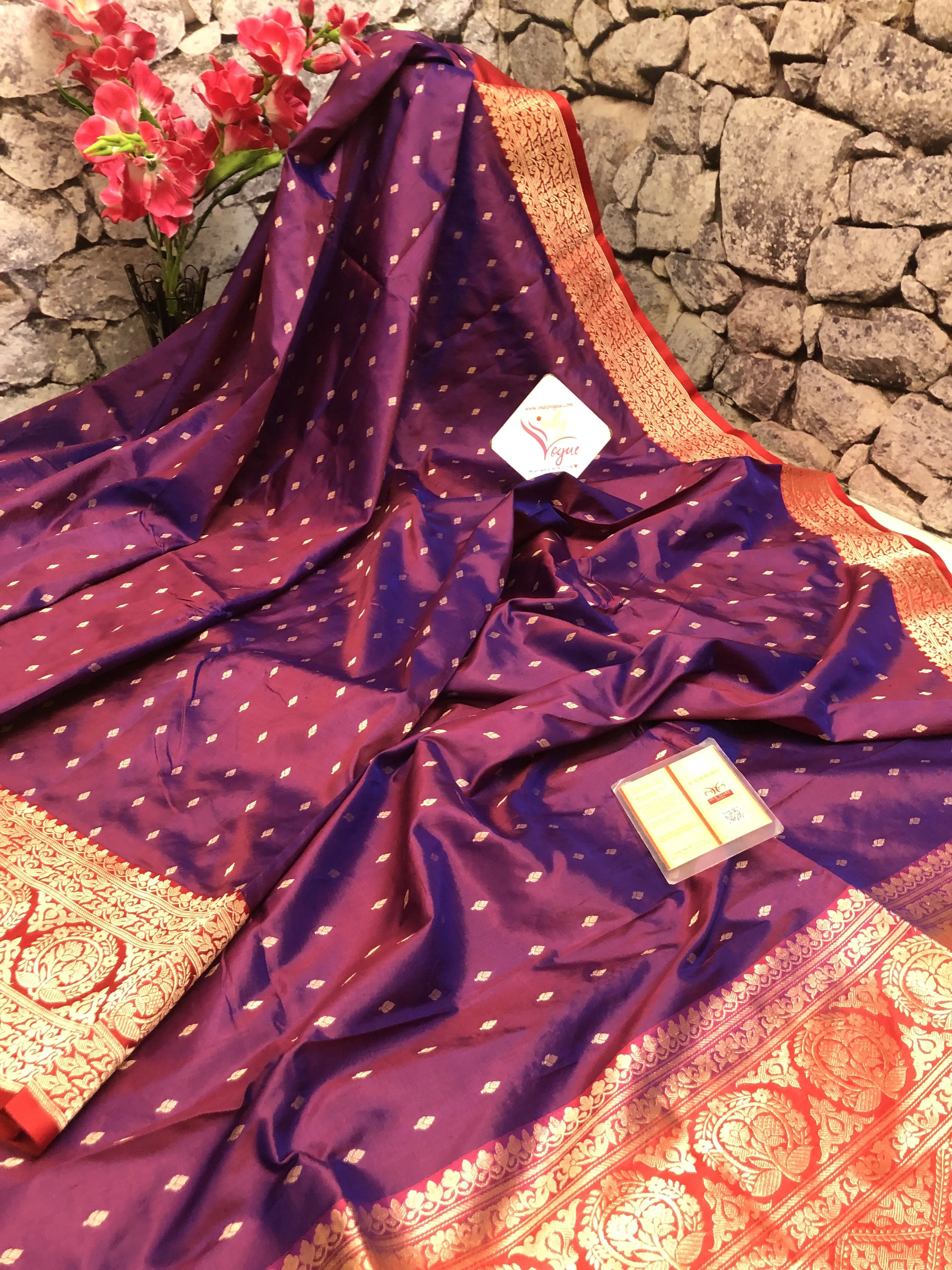 Pure Wine Color Katan Banarasi Silk Saree with Allover Buti Work