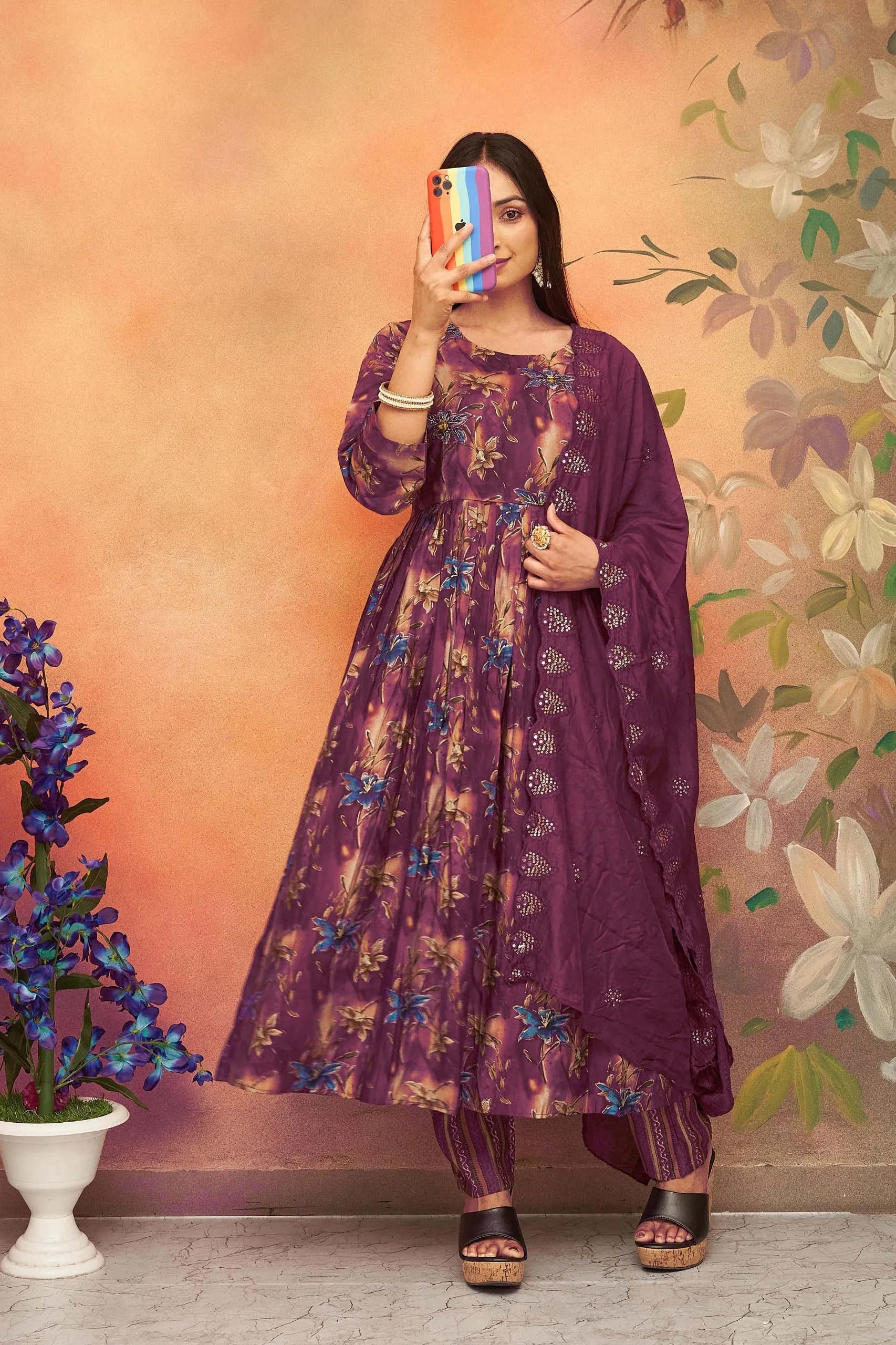 Purple Party wear Chanderi Women Kurta suit