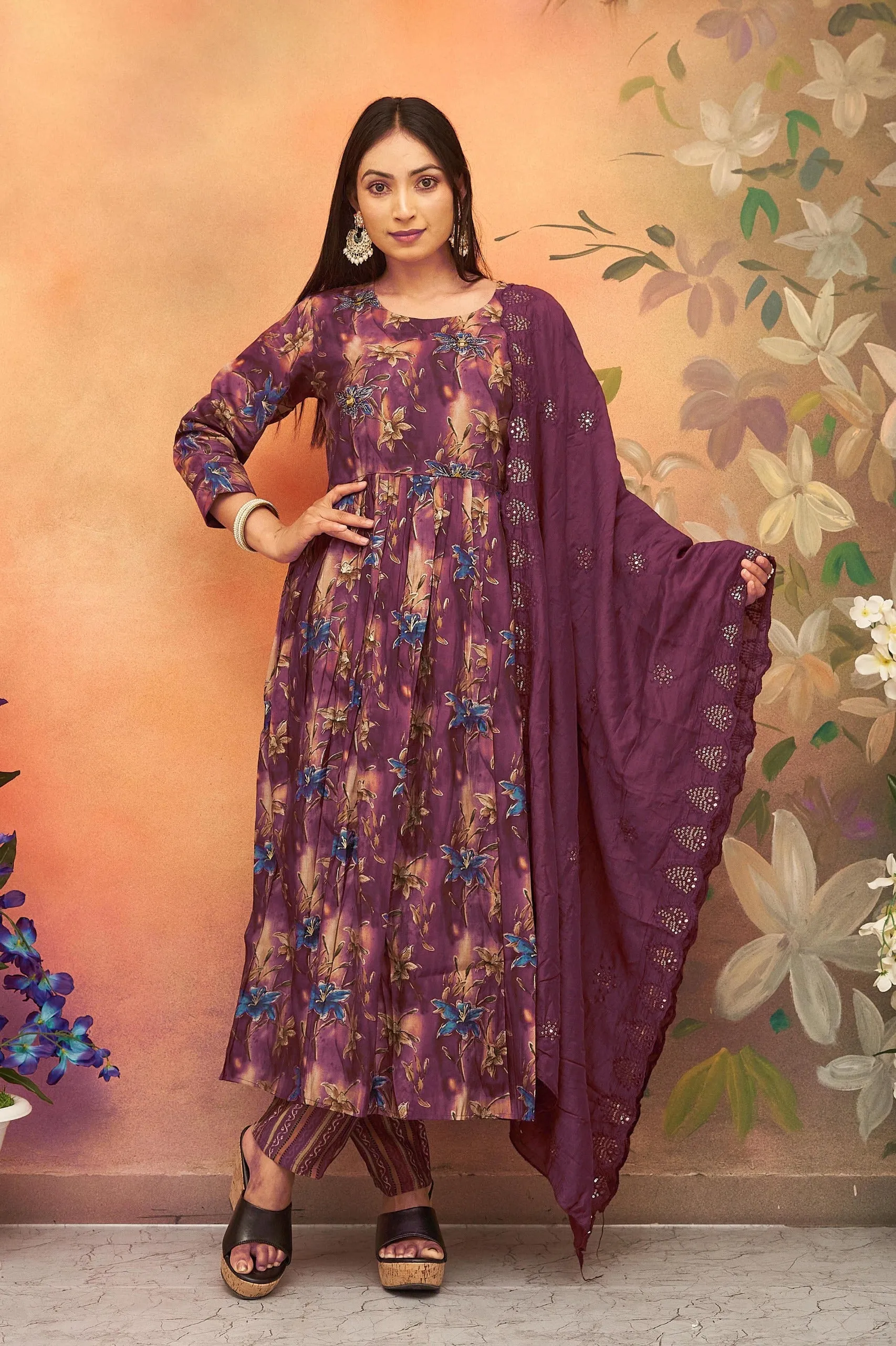 Purple Party wear Chanderi Women Kurta suit