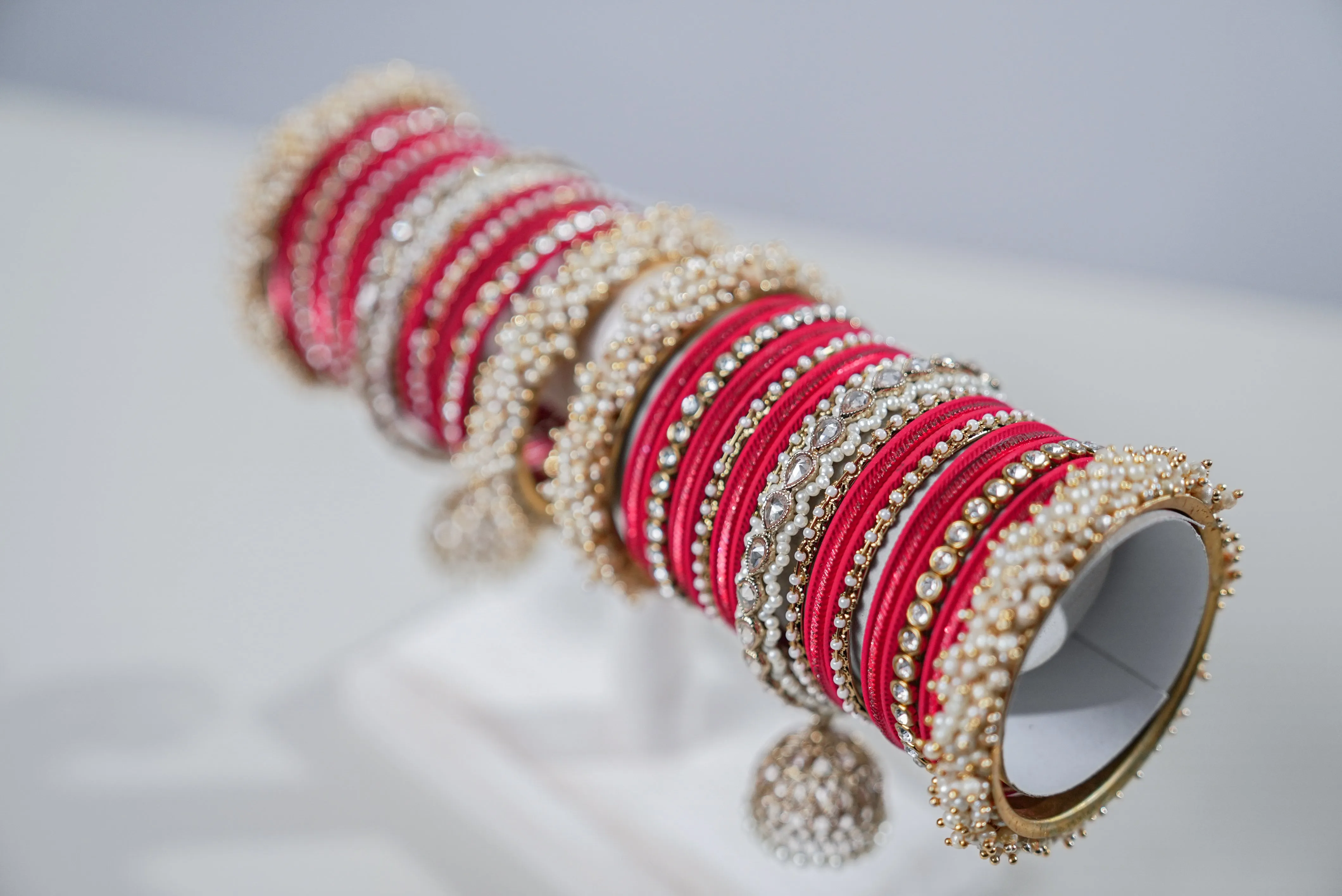 Rani Red Polki Bangles with Pearl Kara - 2 Hand Set