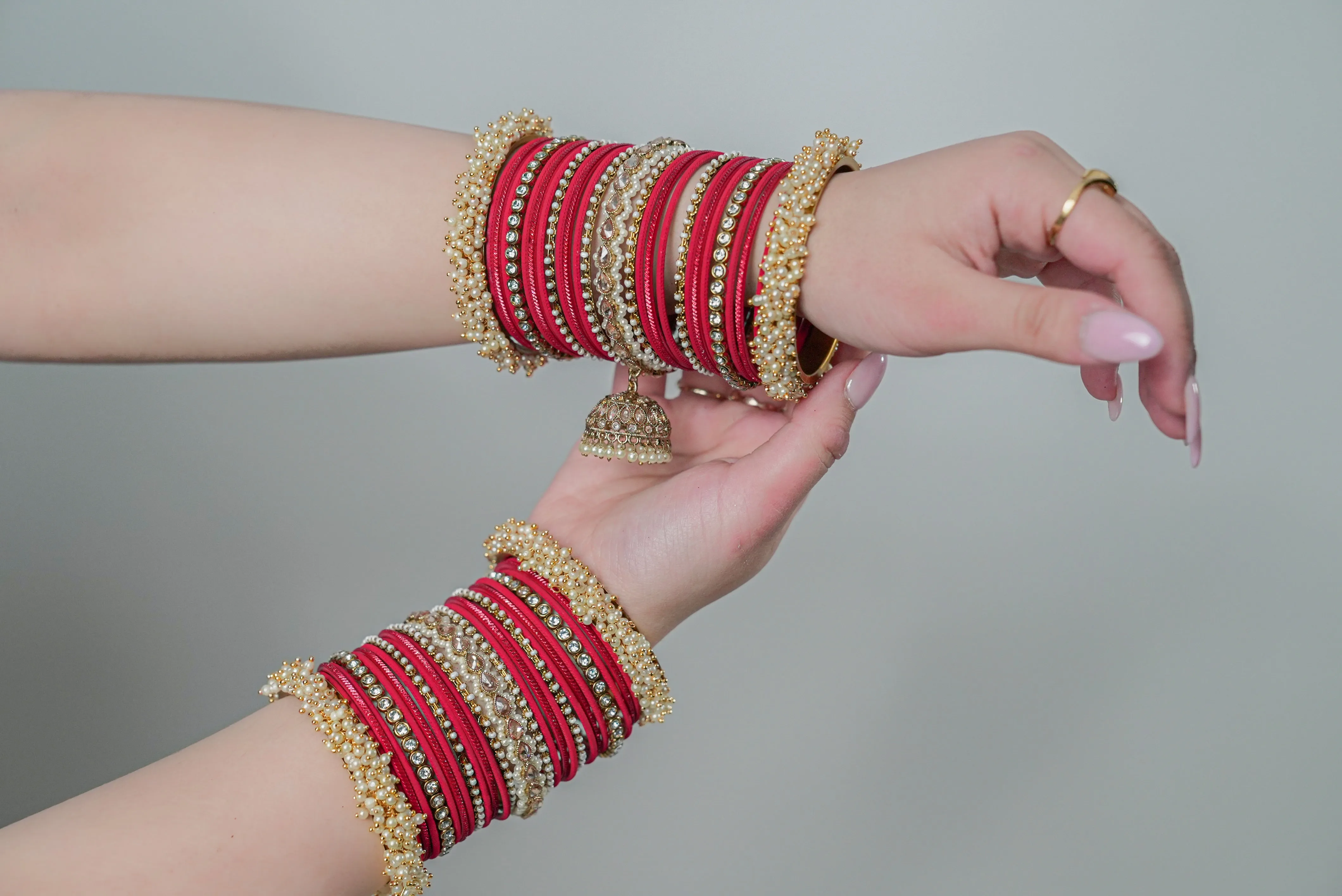 Rani Red Polki Bangles with Pearl Kara - 2 Hand Set