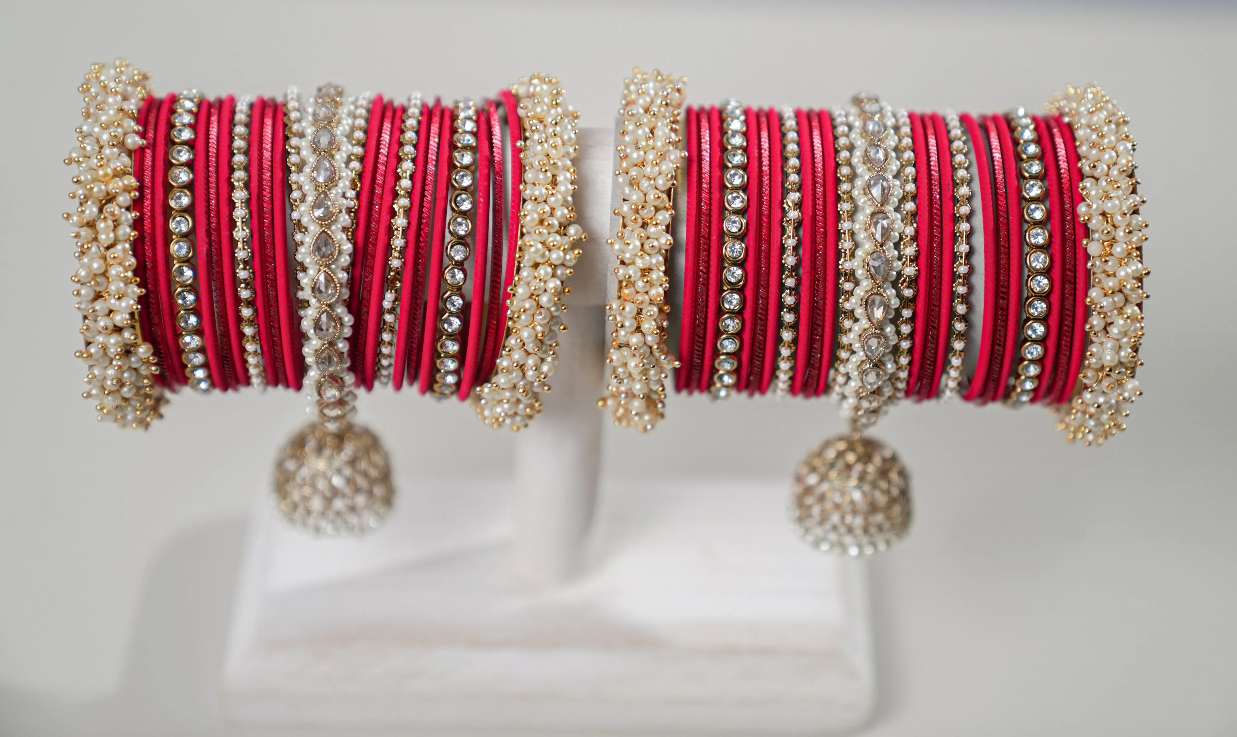 Rani Red Polki Bangles with Pearl Kara - 2 Hand Set