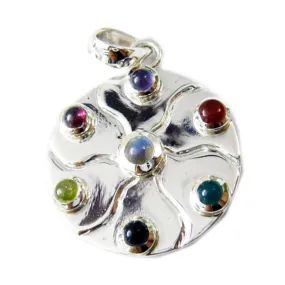 Riyo Decorative Gems Round Cabochon Multi Color Multi Stone Solid Silver Pendant Gift For Easter Sunday