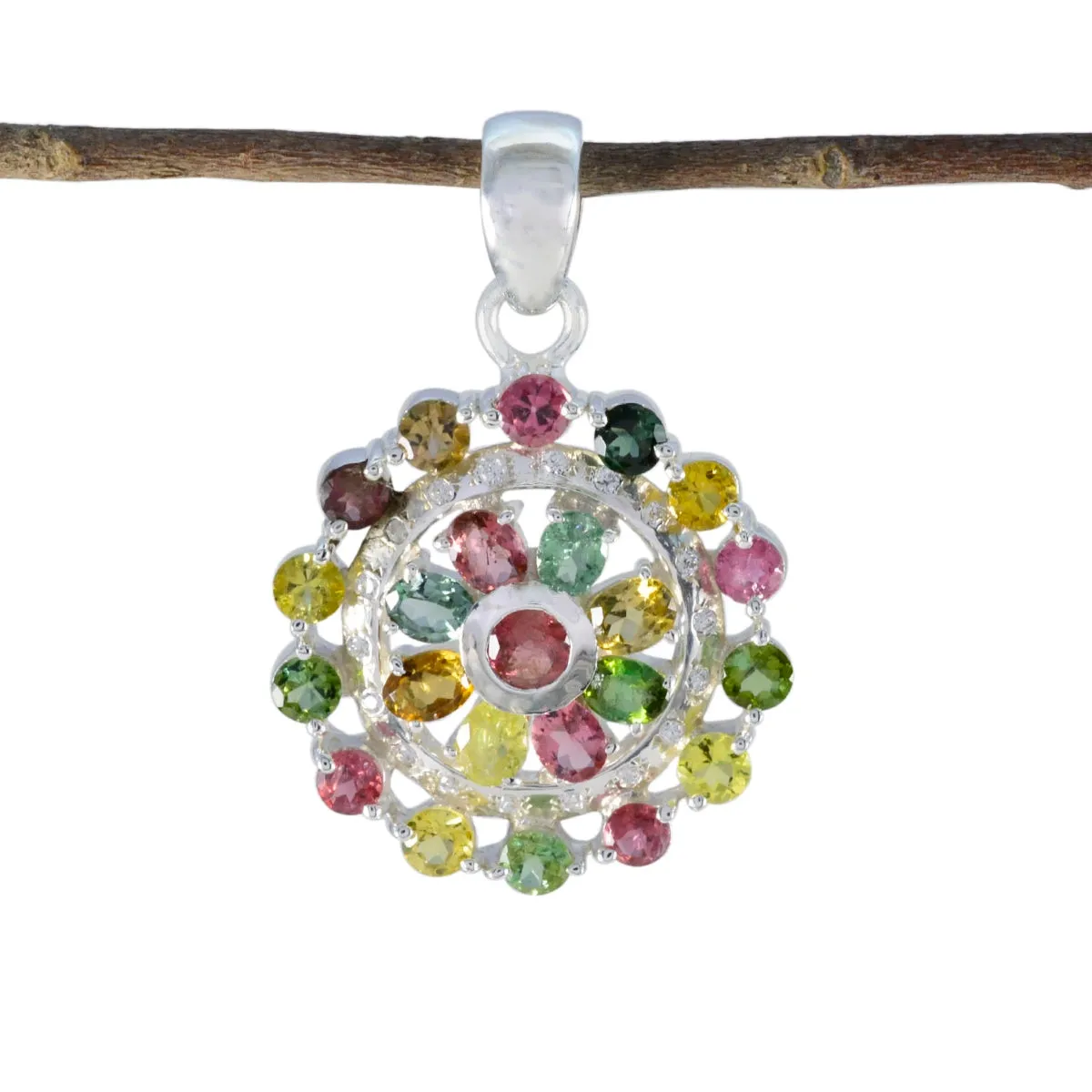 Riyo Elegant Gems Oval Faceted Multi Color Tourmaline Silver Pendant Gift For Sister