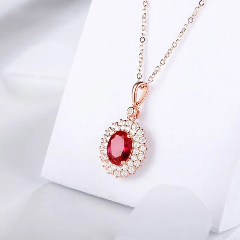 Rose Gold Oval Shape Elegant Vintage Ruby Necklace - 925 Sterling Silver