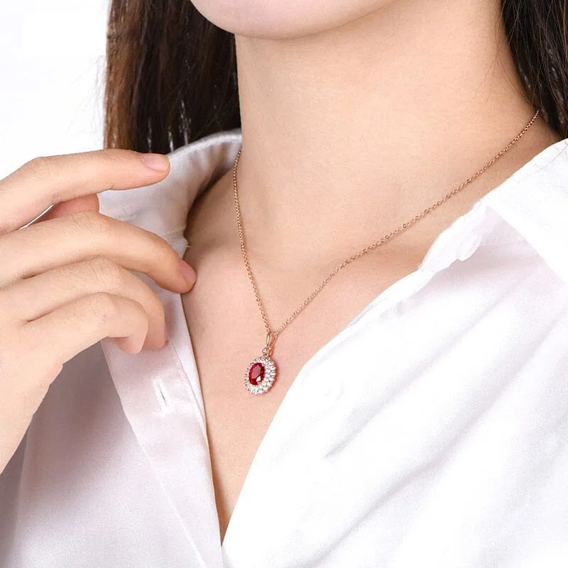 Rose Gold Oval Shape Elegant Vintage Ruby Necklace - 925 Sterling Silver