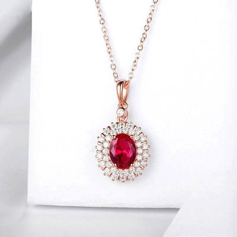 Rose Gold Oval Shape Elegant Vintage Ruby Necklace - 925 Sterling Silver