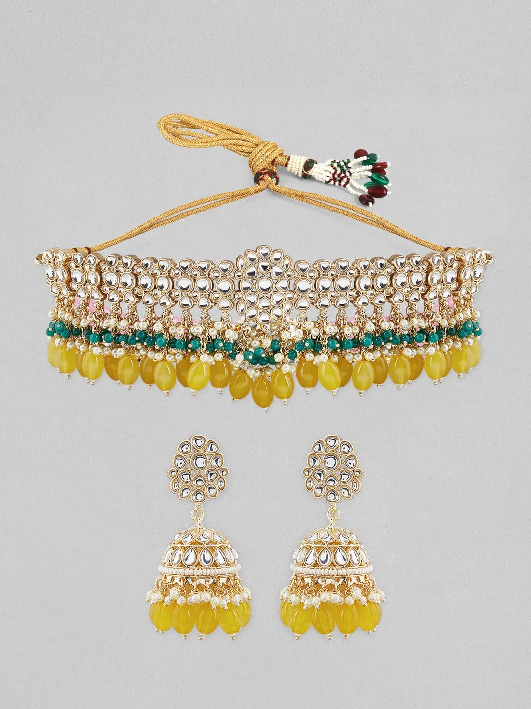 Rubans Gold Plated Yellow Colour Kundan Choker Set With Yellow And Green.