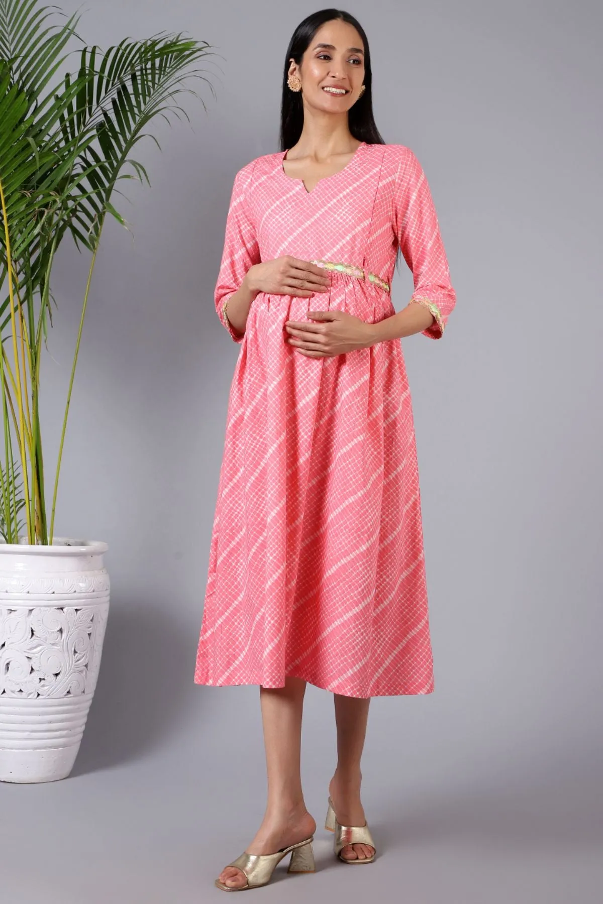 Salmon Splash Maternity Dress with Embroidered Lace and Pocket