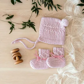 Snuggle Hunny Merino Wool Bonnet & Booties Set - Pink